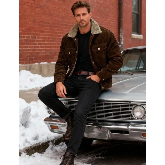 Mens Brown Corduroy Jacket Sherpa Lined Warm Winter Trucker Cargo Coat